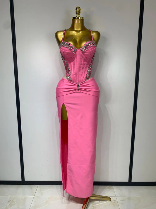 Women Sexy Backless Bodycon Sleeveless Bandage Dress Elegant Prom Gown Club Evening Party Luxury Birthday Wedding Guest Dresses Pink