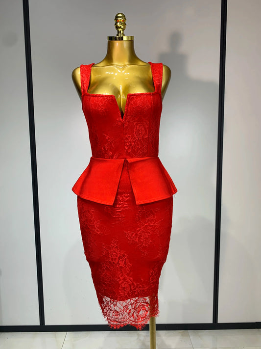 Fashion Sexy Celebrity Elegant V Neck Midi Bodycon Bandage Dress Red Lace Dress Evening Party Cocktail Luxury Birthday Dresses Red