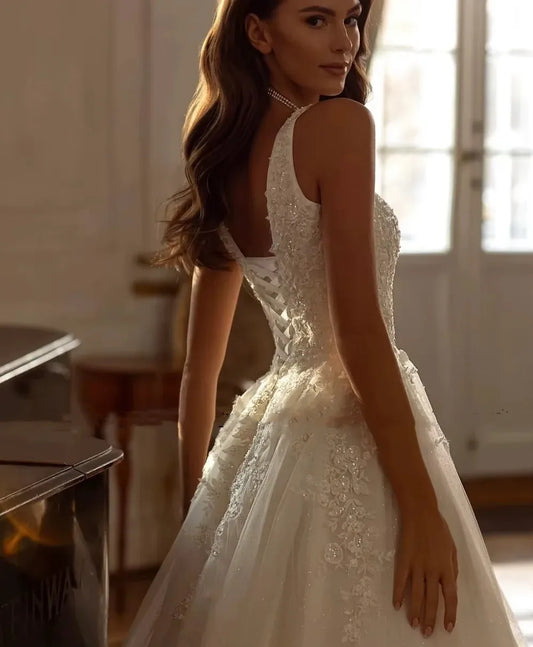 Romantic A-Line Wedding Dresses 2026 Square Collar Sleeveless Lace Appliques Brides Dress Bridal Gown Women vestidos de novia