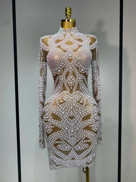 High Quality Women Sexy Rhinestone Pearl Mesh Transparent Dress Birthday Celebrate Dress Evening Party Dance Performance Costume