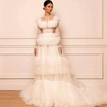 Elegant Off White Evening Dress Long Sleeve Tiered Tulle Wedding Party Newest Formal Occasion Gowns