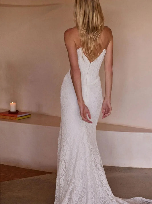 Exquisite Strapless Lace Flower Wedding Dress Side Split Backless Mermaid Floor-Length Princess Bridal Gowns Robe De Mariage