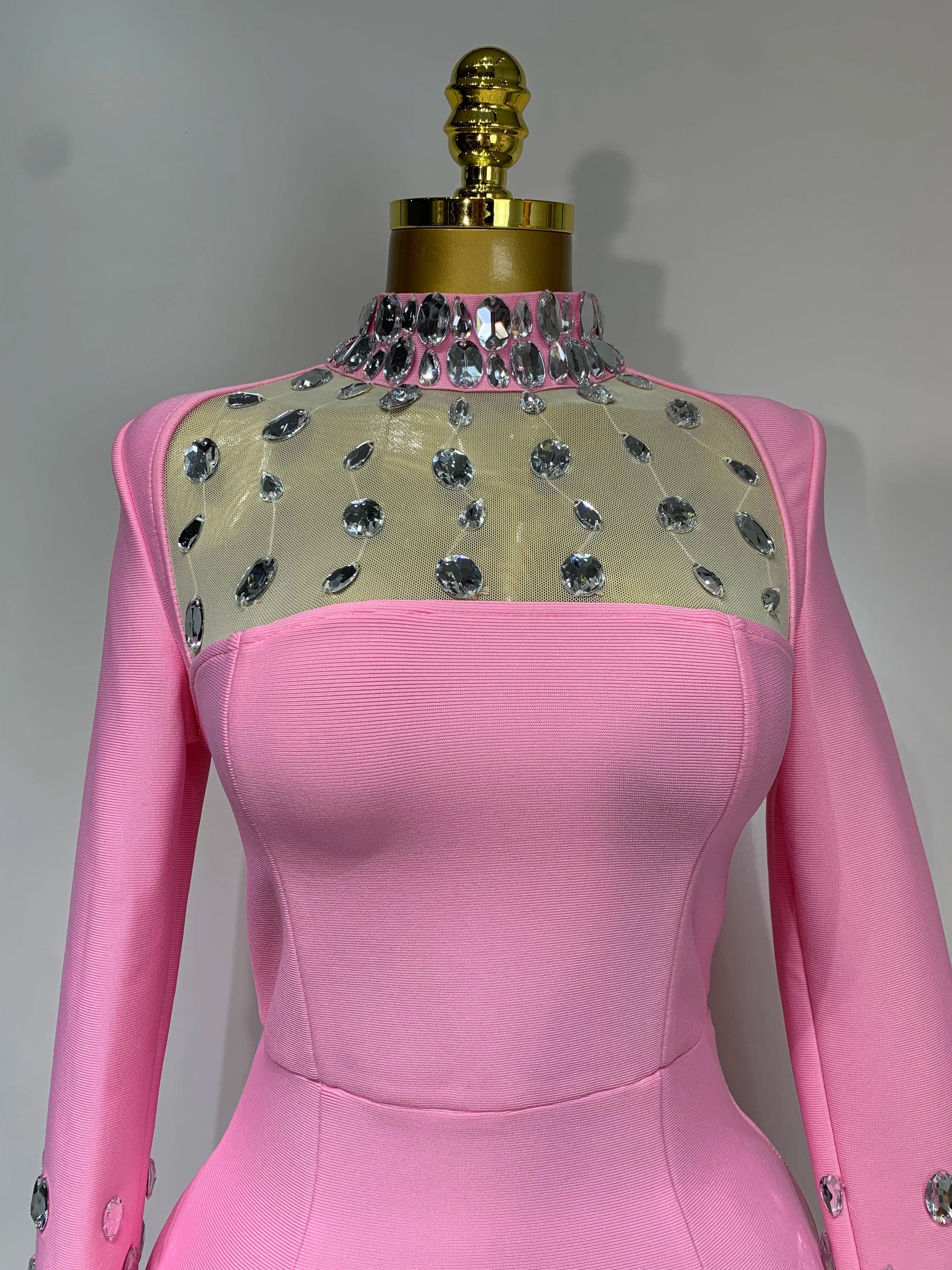 New Arrival Luxury Birthday Dresses Diamond Long Sleeve Pink Bodycon Bandage Dress Women Wedding Evening Prom Gowns