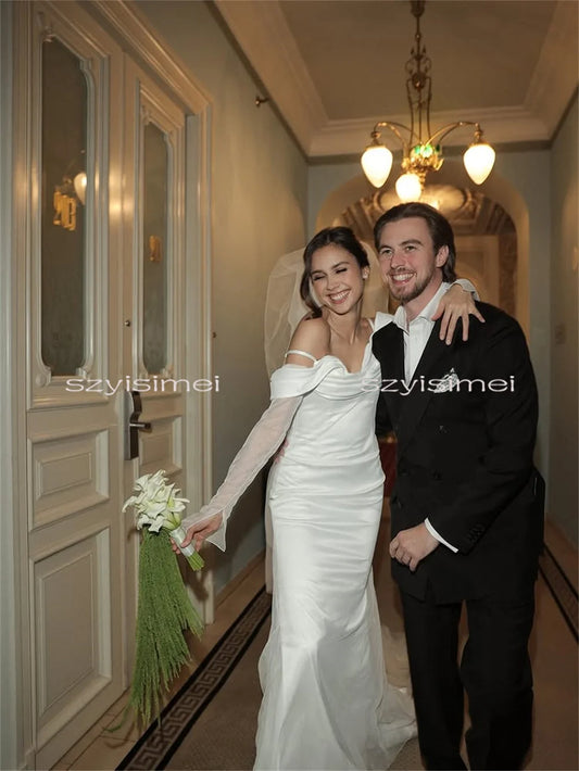 Elegant Mermaid Wedding Dress Sheath 3/4 Sleeves White Bridal Gowns Floor Length Evening Gown vestido de noiva