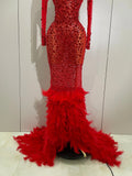 Sparkling Red Crystals Feathers Long Sleeve Mermaid Maxi Dress Women Wedding Celebrate Luxury Birthday Party Prom Gown