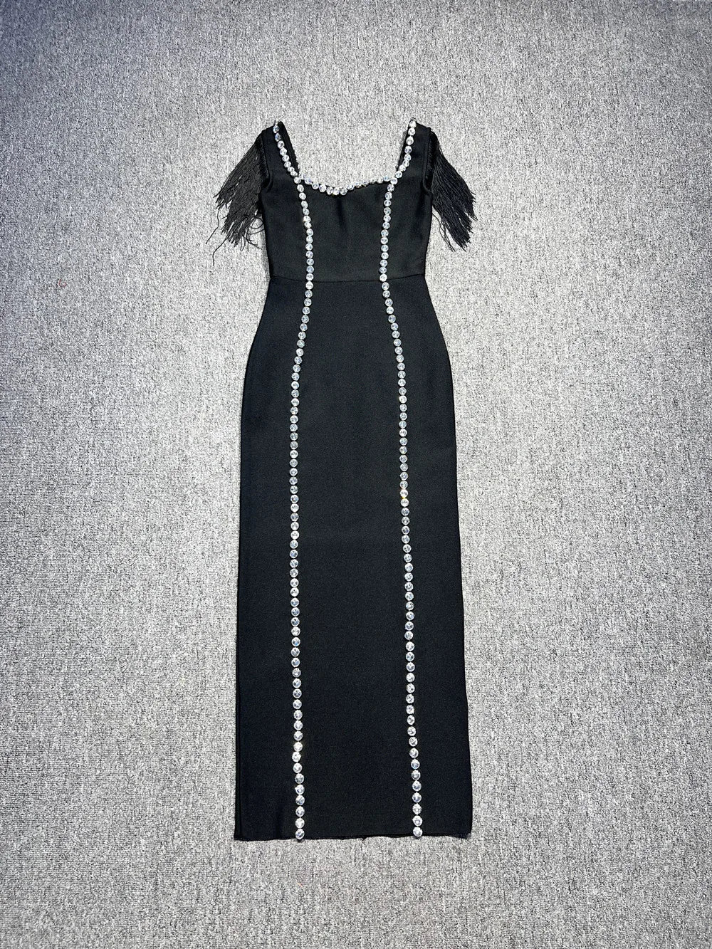 New Arrival Women Sleeveless Sexy Square Collar Tassels Bodycon Bandage Long Dress Celebrate Nightclub Evening Party Dress