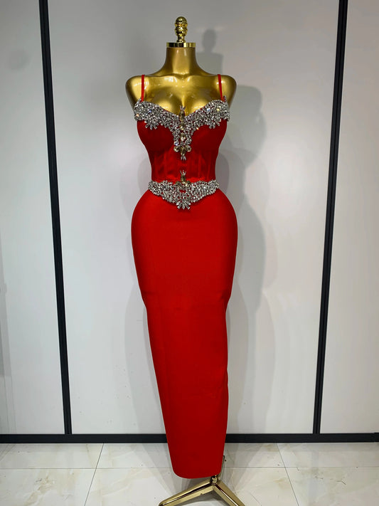 Women Bodycon Bandage Dress Wedding Sexy Backless Luxury Rhinestone Clothes Nightclub Evning Party Birthday Maxi Long Dresses Red