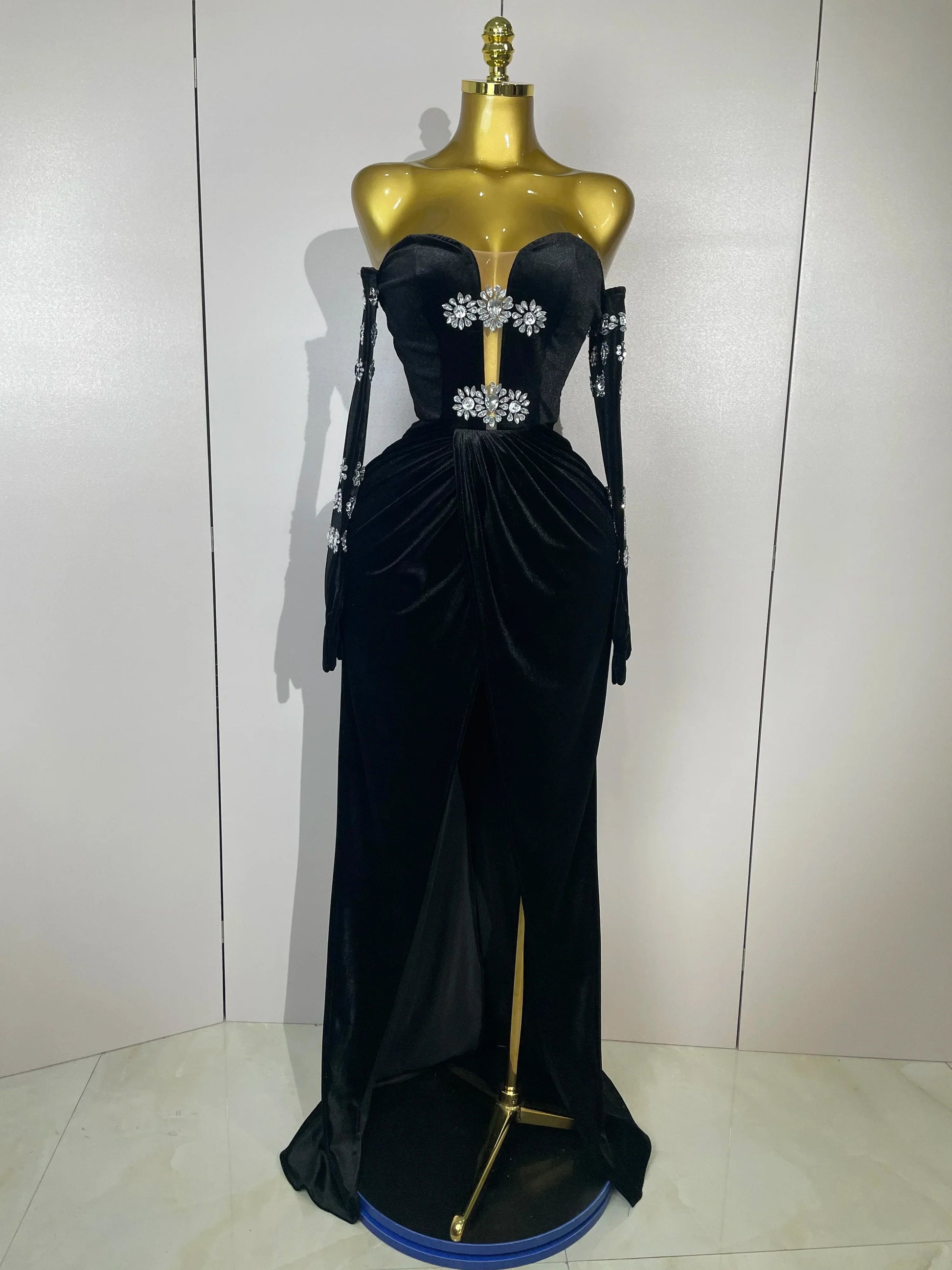 Sparkly Rhinestones Mesh Sexy Split Velvet Gloves Long Dress Women Birthday Celebrate Wedding Gown Stage Photo Shoot Wear black