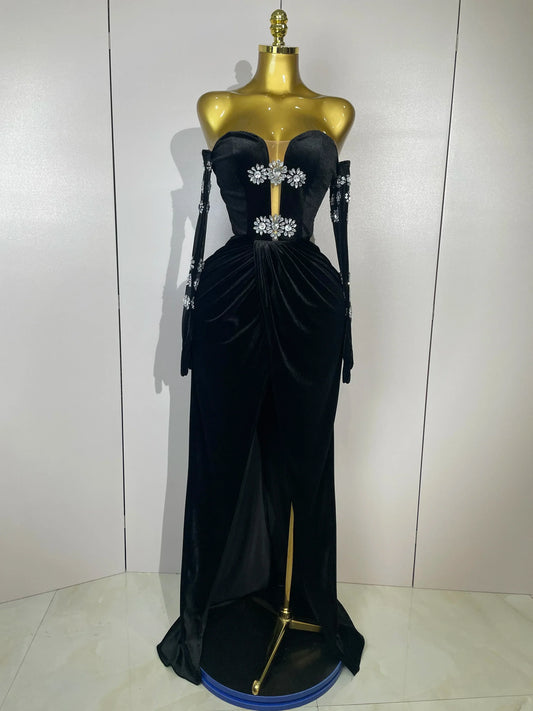 Sparkly Rhinestones Mesh Sexy Split Velvet Gloves Long Dress Women Birthday Celebrate Wedding Gown Stage Photo Shoot Wear black