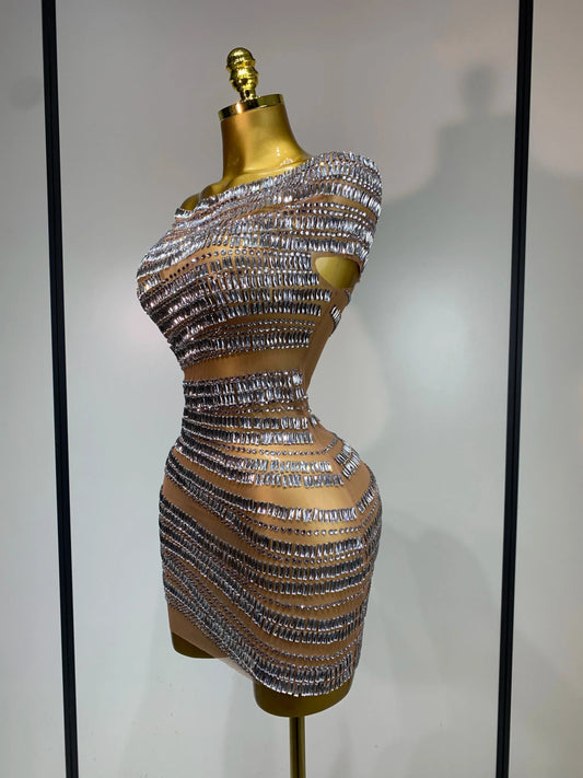 Luxury Sparkly Rhinestones Sexy Mesh Mini Dress Women Celebrate Birthday Evening Party Club Photo Shoot Dress Stage Outfit