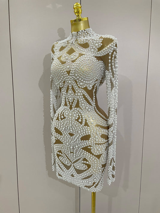 High-end Elegant Evening Gown AB Rhinestones Pearls Luxury Long Sleeves Mesh Dress Women Cocktail party Wedding Costume