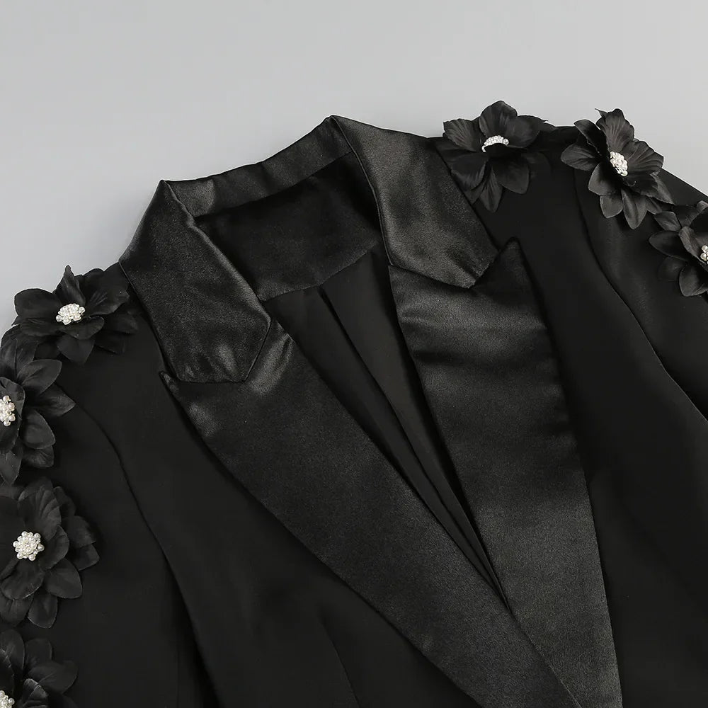 2024 Women Suit Pants Set with Collar, Long Sleeve, Three Dimensional Flower Decoration, Slim Fit Suit Coat+Two Piece Pants Set