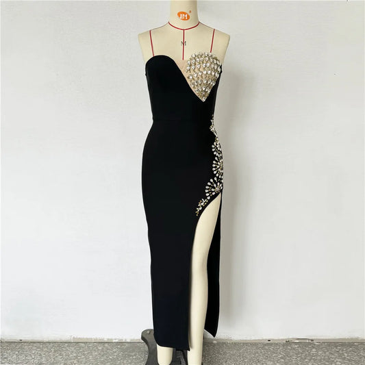 High Quality Women Sexy Strapless Shinning Crystal Bodycon Bandage Long Dress Celebrate Evening Party Red Carpet Outfit Vestido