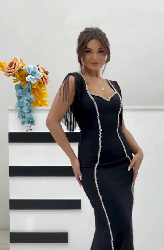 New Arrival Women Sleeveless Sexy Square Collar Tassels Bodycon Bandage Long Dress Celebrate Nightclub Evening Party Dress