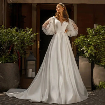 Romantic Satin Wedding Dresses 2026 Puffed Sleeves V Neck Beading Lace A Line Bride Dress Bridal Gowns Vestidos De Noiva