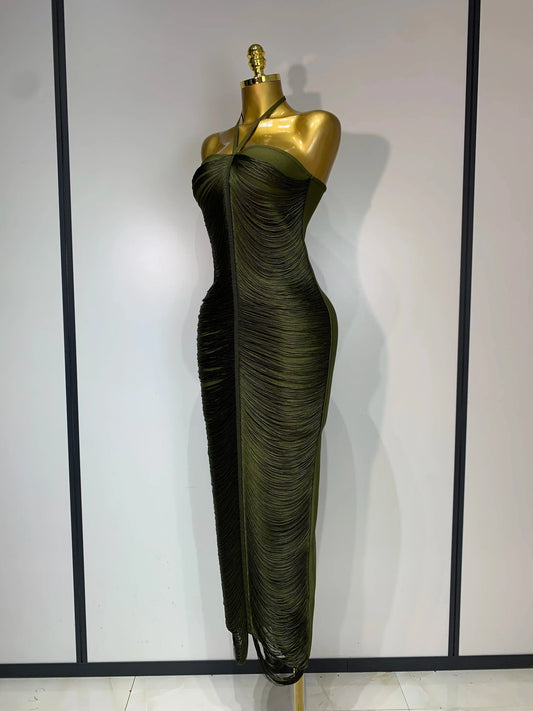 Women Sexy Celebrity Elegant Backless Halter Tassel Bodycon Bandage Dress Evening Party Luxury Birthday Wedding Guest Dress