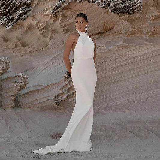 Simple Mermaid Wedding Dresses Halter Boho Bride Gown Sexy Backless Soft Satin Bridal Dress Robe De Mariee vestidos de novia