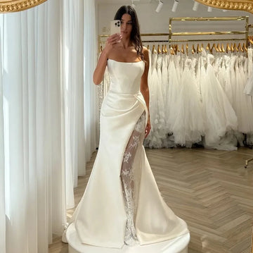 Elegant Mermaid Wedding Dresses Strapless High Slit Lace Insert Sweep Train Satin Bride Gowns Bridal Dress Vestido De Noiva