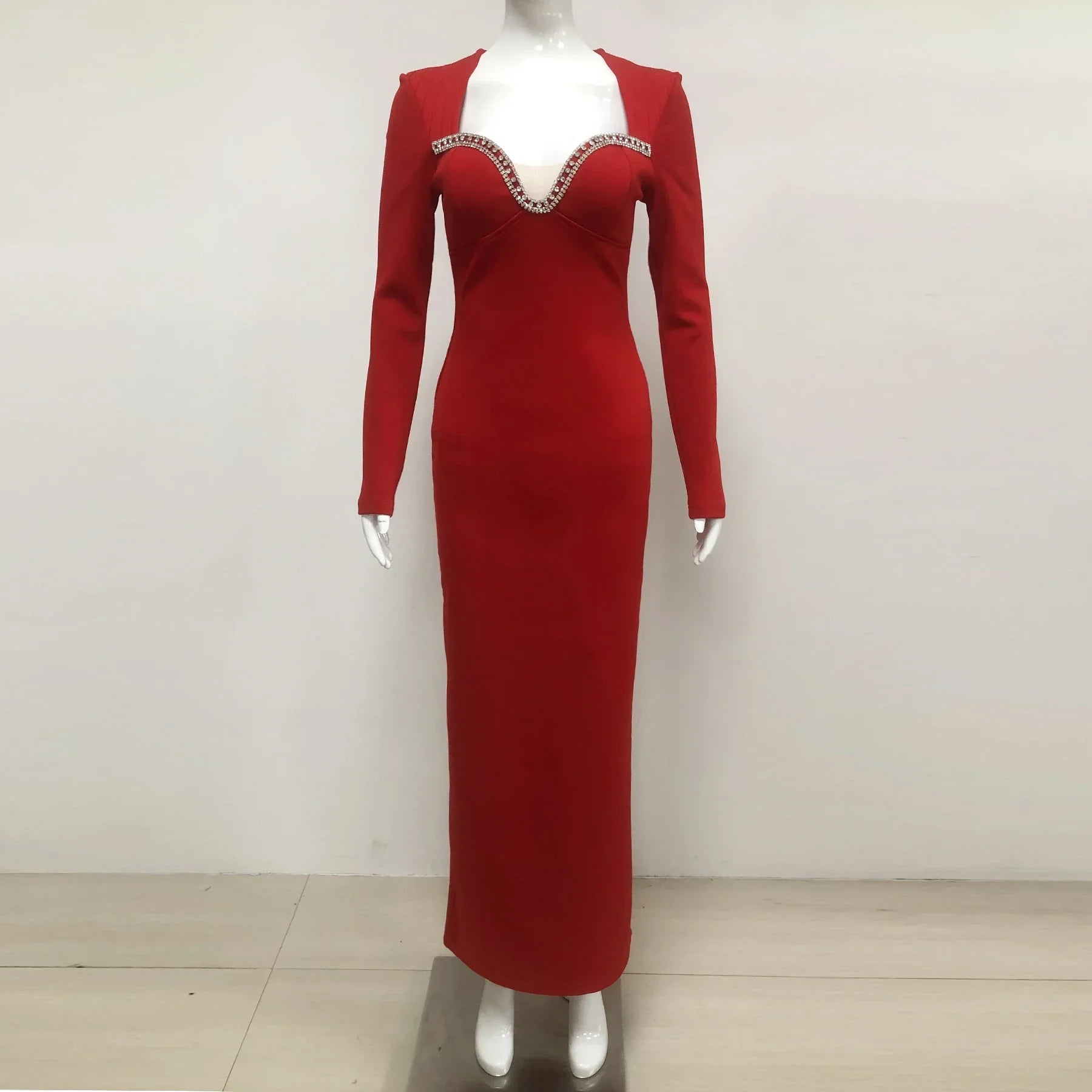 New Style Women Long Sleeve Sexy Square Collar Shinning Diamond Bodycon Long Bandage Dress Elegant Evening Mermaid Outfit