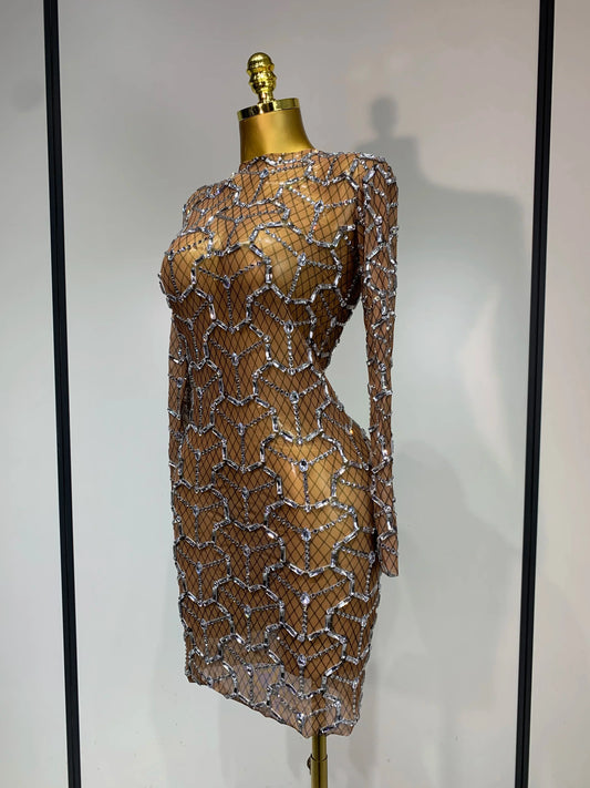 High Quality Women Elegant Long Sleeve Sparkly Rhinestones Mesh Bodycon Mini Dress See Through Evening Party Nightclub Outfit