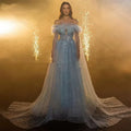 Gorgeous Blue Evening dress Off the Shoulder Sequined Feather A-line Floor-length Formal Party Prom Gown