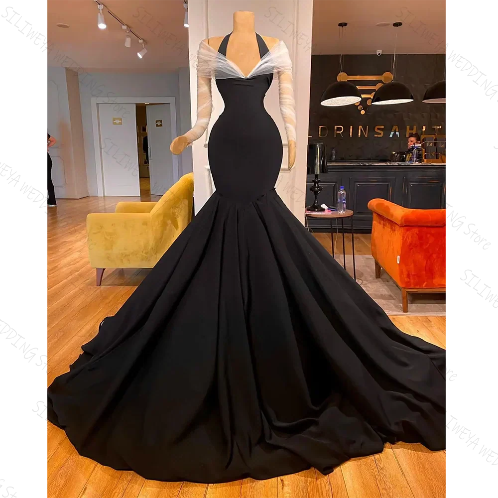 Black Elegant Halter Neck Mermaid Evening Dresses Off-The-Shoulder Floor-Length White Sleeves Gown Custom Vestidos De Gala