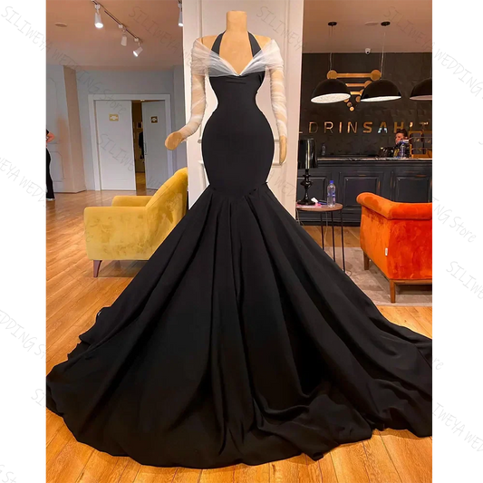 Black Elegant Halter Neck Mermaid Evening Dresses Off-The-Shoulder Floor-Length White Sleeves Gown Custom Vestidos De Gala