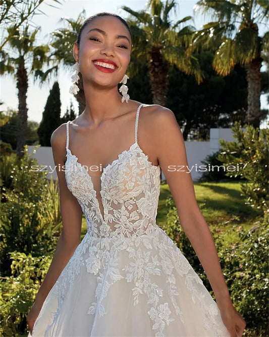 Spaghetti Straps V Neck Wedding Gown For Women Customized Wedding Dress Sweep Train  Evening Bride Dresses vestido de noiva