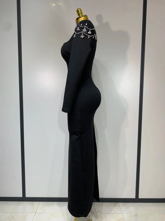 Luxury Birthday Dresses Diamond Tight Long Sleeve Square Neck Long Bandage Dress Women Wedding Evening Formal Gowns