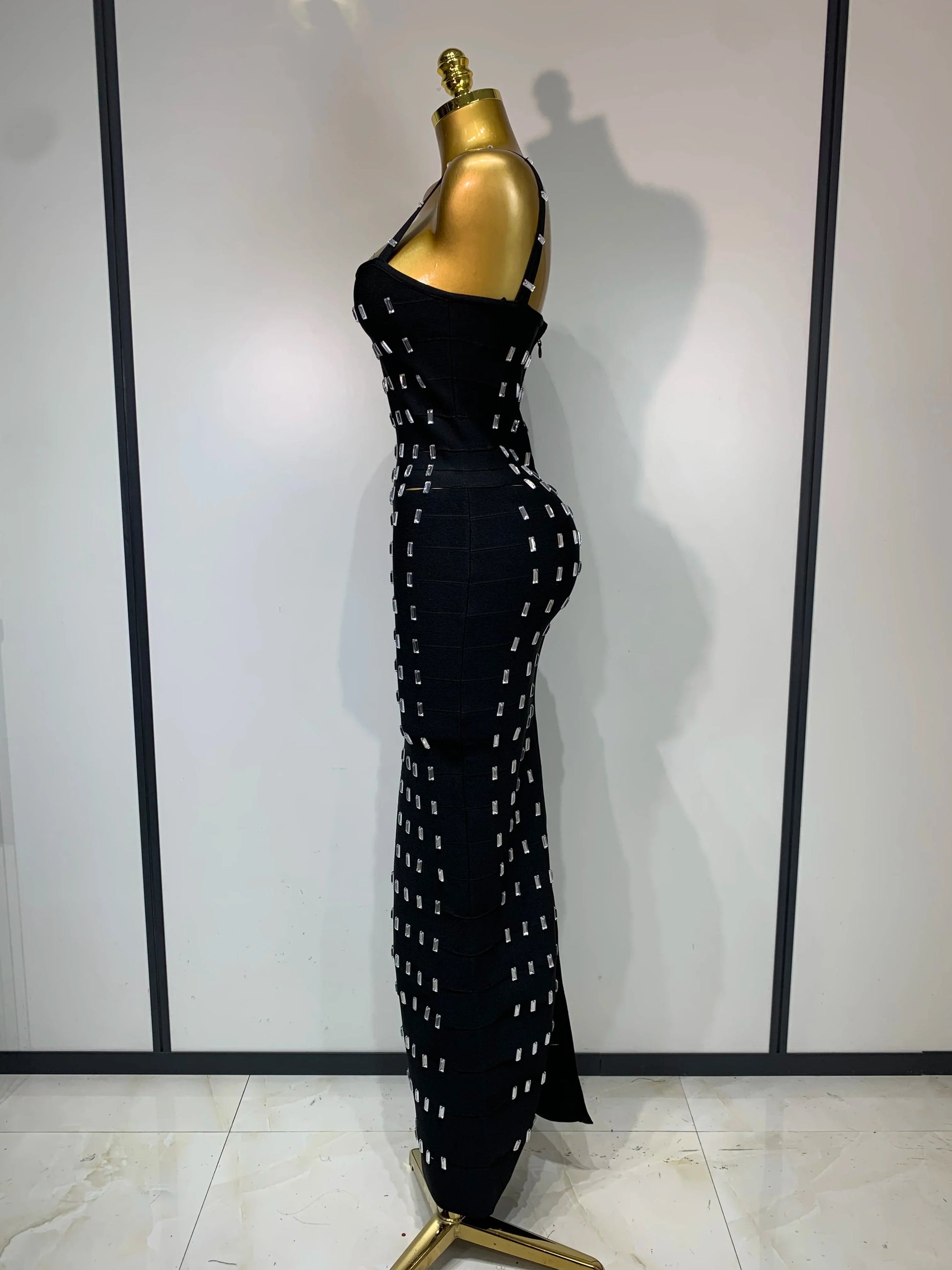 Women's Fashion Sexy Luxury Rhinestone Black Bodycon Bandage Dress Cocktail Evening Party Long Dresses Wedding Guest Gown