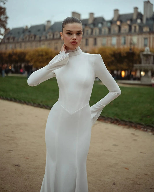 2026 Simple Modest Long Sleeve Wedding Dress High Neck Mermaid Floor Length Lace Women Brides Bridal Dress Vestidos De Noiva