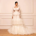 Elegant Off White Evening Dress Long Sleeve Tiered Tulle Wedding Party Newest Formal Occasion Gowns same as picture