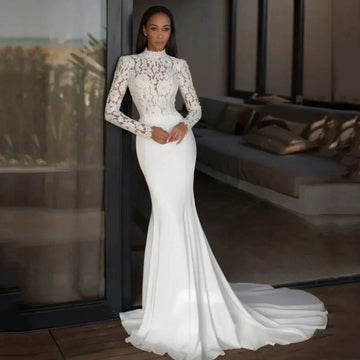 New Arrival Wedding Dress High Neck Long Sleeves Top Lace Satin Mermaid Bride Dresses Bridal Gowns Vestidos De Noiva