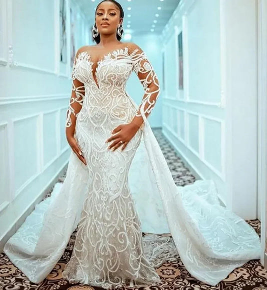 Plus Size Mermaid Wedding Dress With Detachable Train Beaded Illusion Lace Appliqued Bridal Gown Arabic Dubai Robe De Mairage