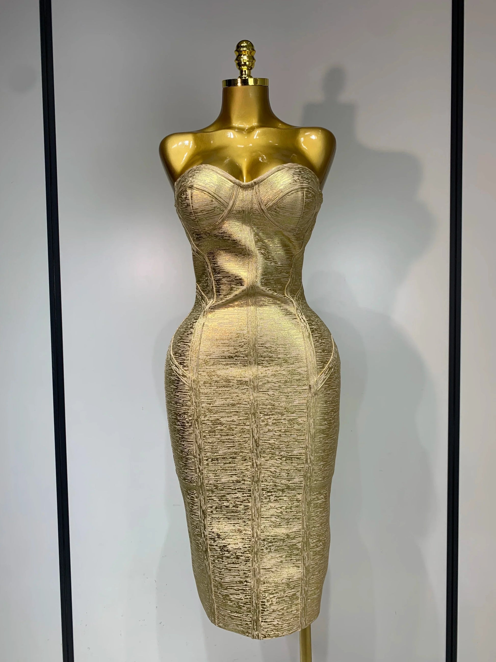 Women Sexy Gold Strapless Bodycon Bandage Dress Fashion Celebrate Evening Party Luxury Birthday Wedding Guest Dress Gold