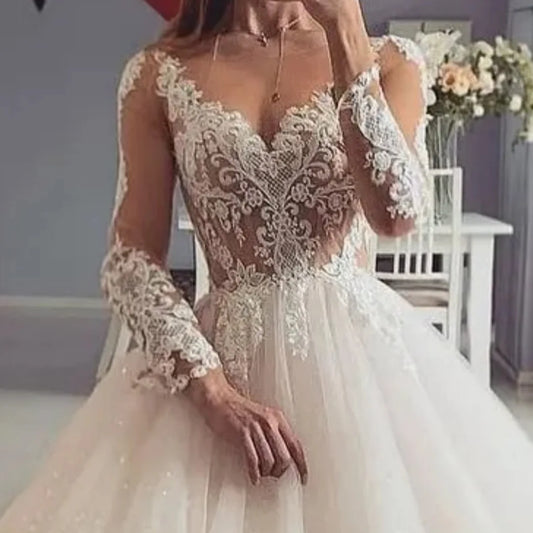 Classic A-line Wedding Dress Sheer Neck Long Sleeves Lace Appliques Tulle Princess Bridal Gowns Boho Garden Vestidos De Noiva