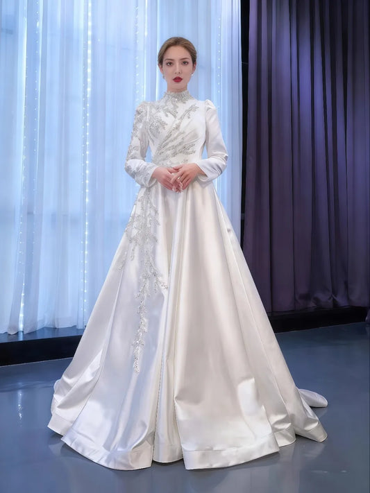 Elegant Arabic Dubai Wedding Dresses High Neck Embroidery Sequins Satin A-line Bridal Bride Grown Vestido De Noiva