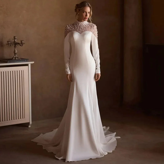 Luxury Pearls Mermaid Wedding Dress 2026 High Neck Long Sleeves Illusion Buttond Back Bride Bridal Gowns Vestidos De Noiva