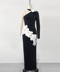 Black Color Women Sexy Long Sleeve One Shoulder White Florals Bodycon Long Bandage Dress Celebrate Evening Party Birthday Wear