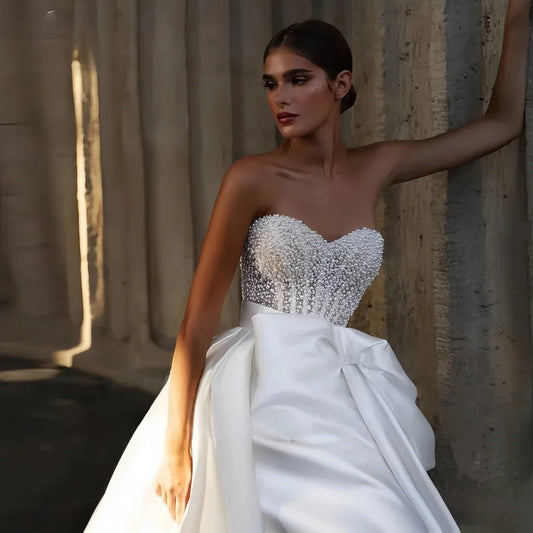 2026 Elegant Gorgeous Wedding Dress High Neck Long Illusion Sleeves Pearls Bow Sash A Line Church Bride Bridal Gowns Vestidos