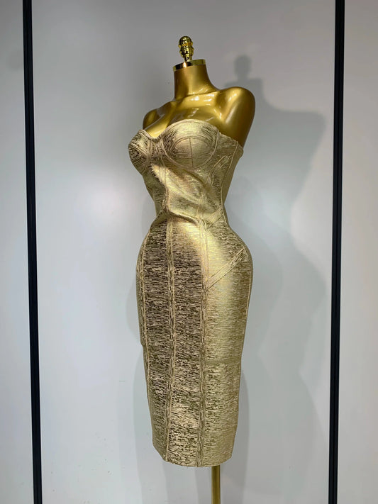 Women Sexy Gold Strapless Bodycon Bandage Dress Fashion Celebrate Evening Party Luxury Birthday Wedding Guest Dress