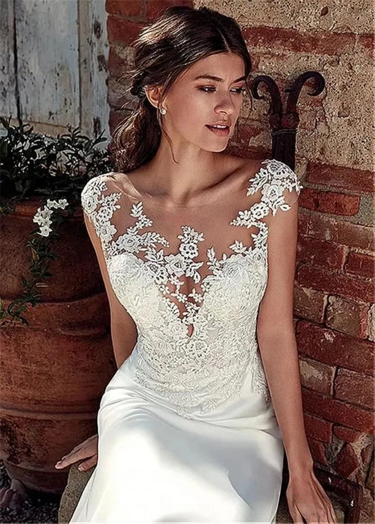 Sexy Beach Wedding Dresses 2026 Sheer Neck Lace Appliques Satin Mermaid Bride Dress Bridal Gowns Boho Vestido De Noiva