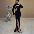 Black Color Top Quality Women Long Sleeve Shinning Crystal Bodycon Bandage Long Dress Fashion Evening Party Celebrate Dress