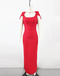 Top Quality Red Color Women Sexy Short Sleeve Square Collar Bodycon Long Bandage Dress Elegant Evening Party Wedding Wear