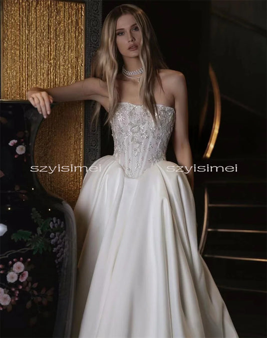 A Line Strapless Wedding Dress Satin Sleeveless Bridal Gowns Customized Evening Dress свадебное платье