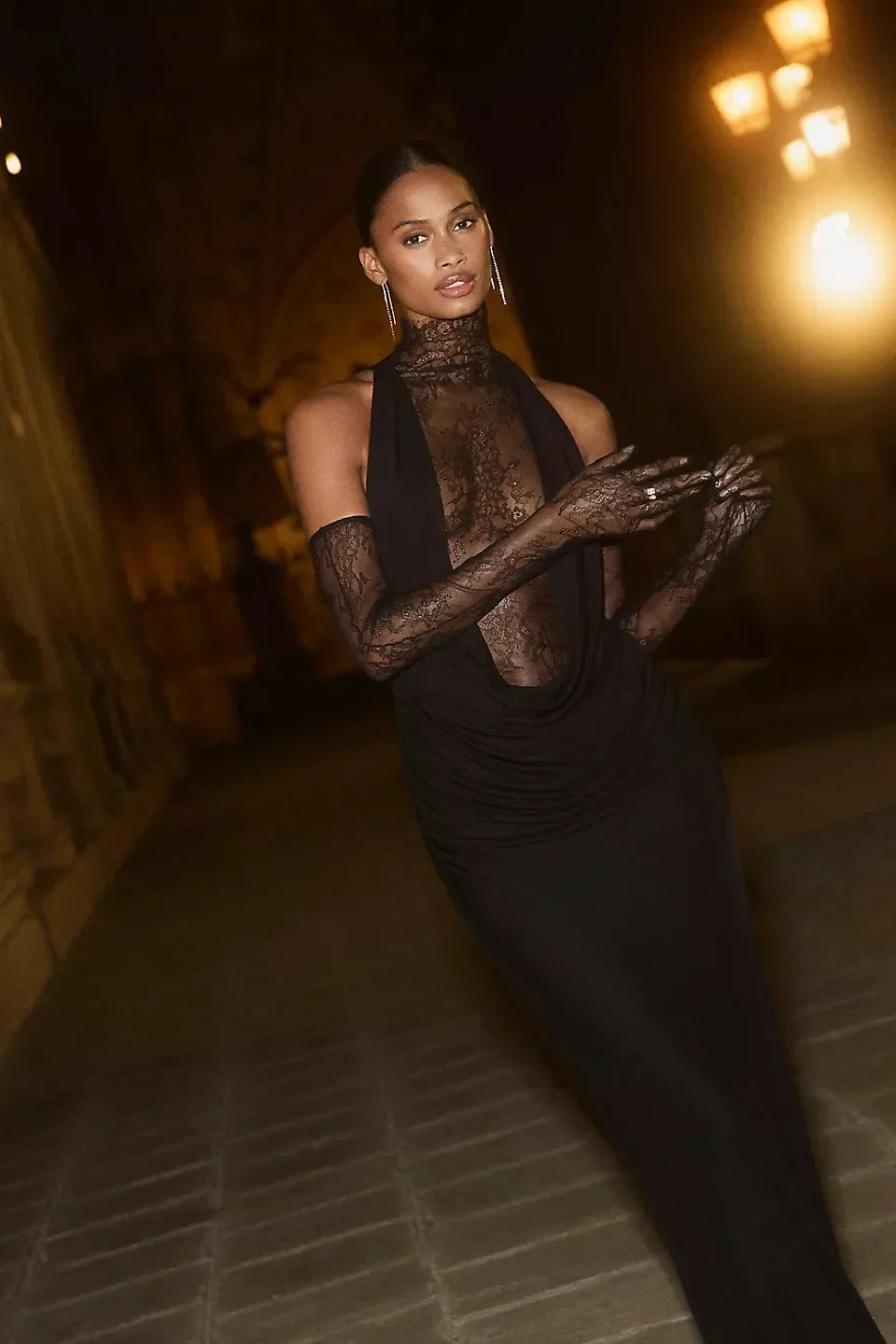 High Quality Women Black Color Women Sleeveless Off the Shoulder Lace Bodycon Long Dress Celebrate Evening Party Bar Club Wear