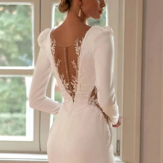 Elegant Wedding Dress 2026 Deep V-neck long Sleeves Baed Sequins Lace Sweep Train Bridal Bride Gown Women vestidos de novia
