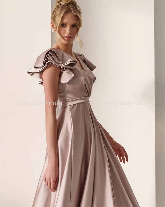 Fashion Evening Dress For Wedding A-line V Neck Bridal Gowns Customized Ruff Sleeves Evening Gowns For Wedding 2026