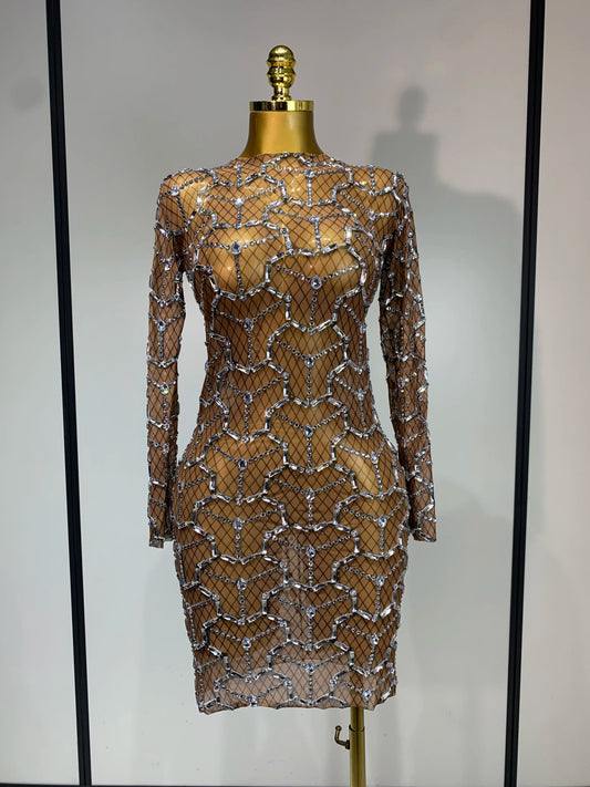 High Quality Women Elegant Long Sleeve Sparkly Rhinestones Mesh Bodycon Mini Dress See Through Evening Party Nightclub Outfit Dark Brown