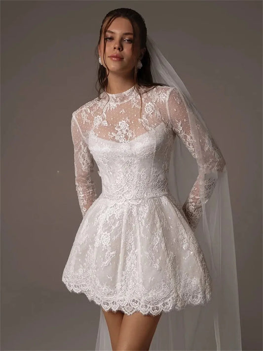 Elegant Full Lace Mini Wedding Dress High Neck Long Sleeves Lace Up Bride Bridal Party Gowns Vestidos De Noiva